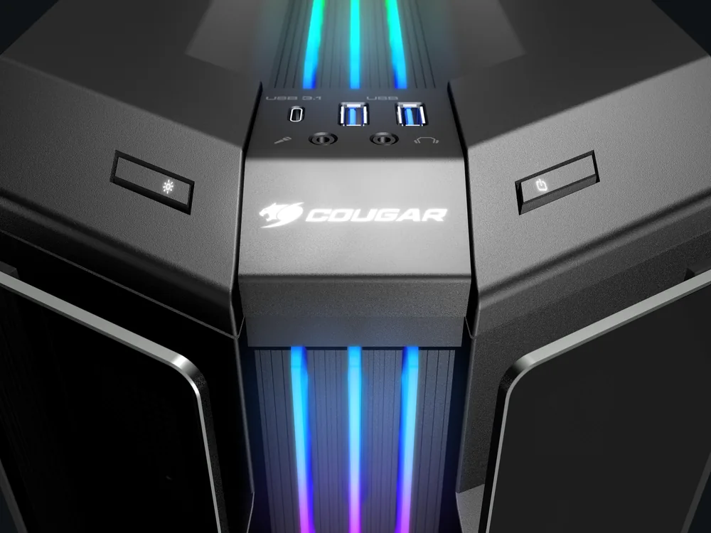 Panel de conexiones superior de la caja COUGAR Gemini PRO con USB Tipo-C