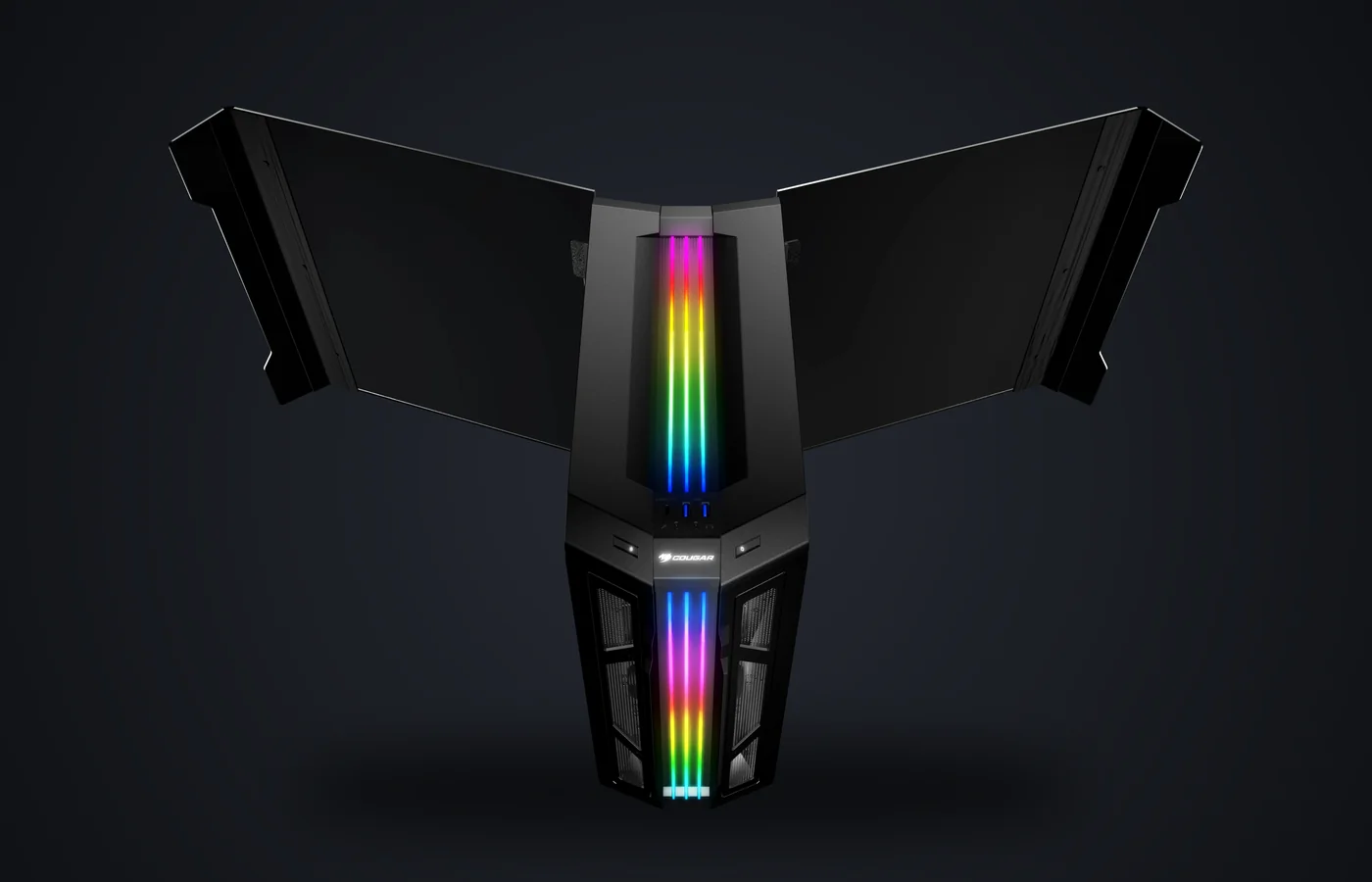 Caja COUGAR Gemini PRO con los paneles de cristal Glass-Wing abiertos