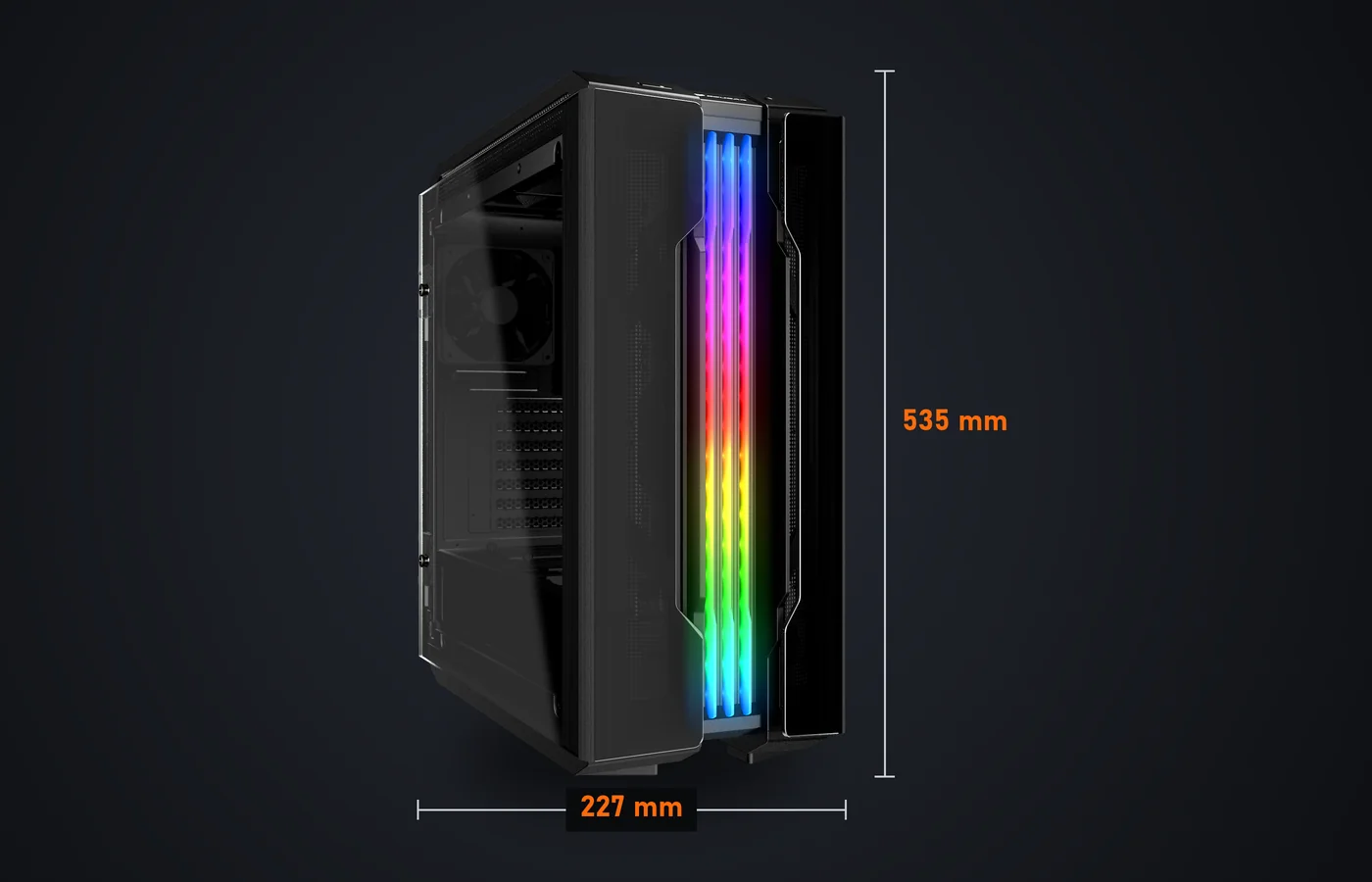 Caja COUGAR Gemini PRO de frente: 227 mm de ancho y 535 mm de alto