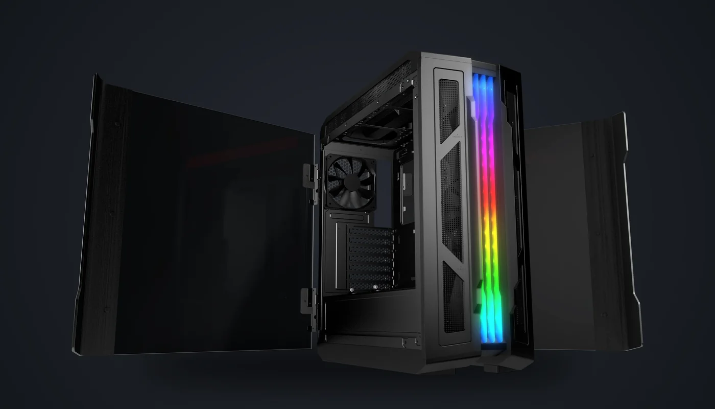 Caja COUGAR Gemini PRO abierta, con el interior y los ventiladores a la vista
