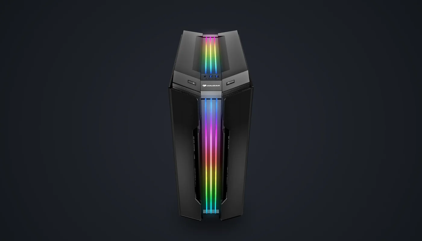 Frontal de la caja COUGAR Gemini PRO con las barras de luz Trelux ARGB encendidas