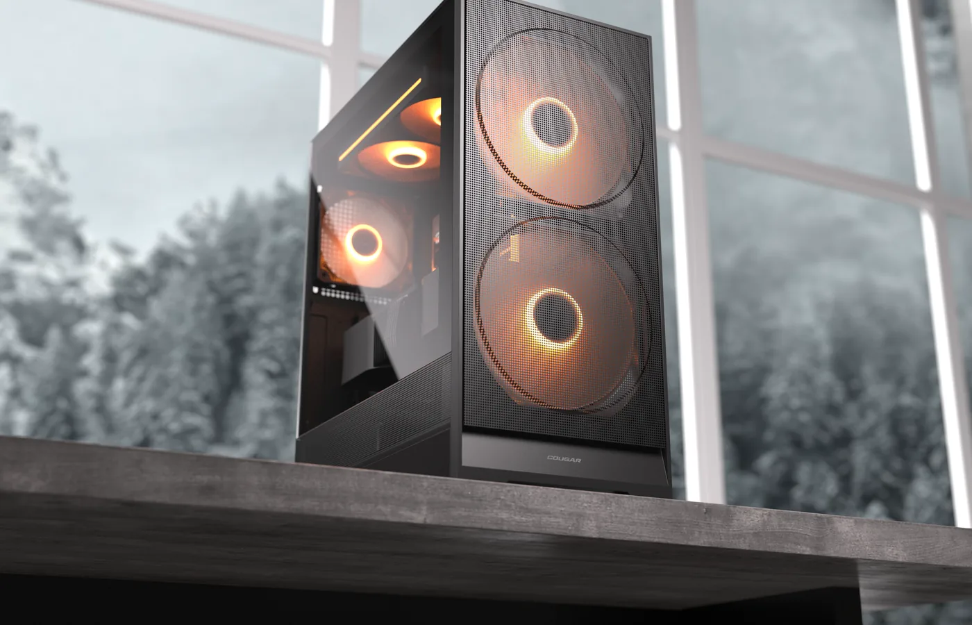 Caja PC COUGAR Airface 180 sobre una mesa junto a una ventana