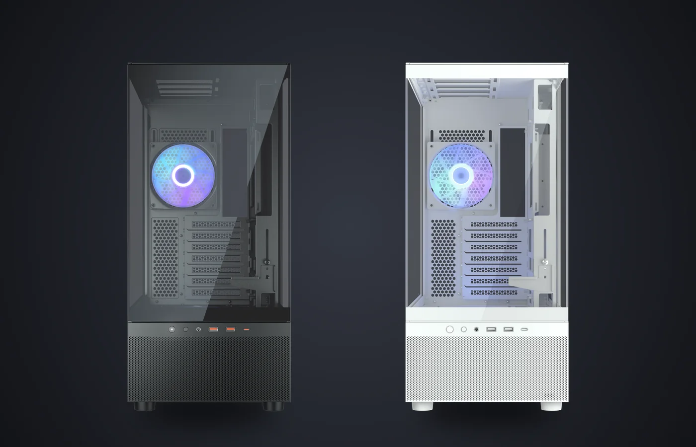 Cajas COUGAR CFV220 RGB en negro y en blanco, de frente