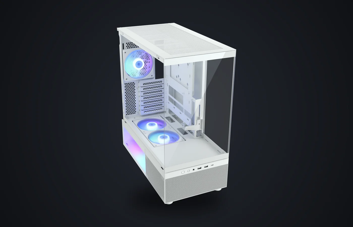 Caja PC COUGAR CFV220 RGB blanca vista desde arriba, con sus tres caras transparentes