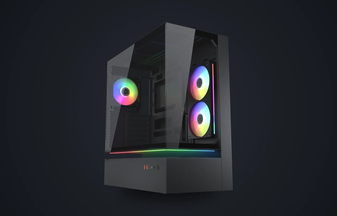 Caja PC COUGAR CFV235 negra con el hueco central iluminado por la tira LED Aurora