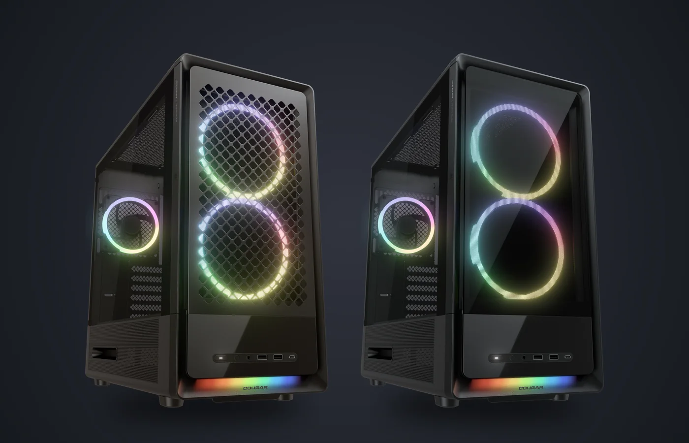 Caja COUGAR DUOAIR RGB negra con el frontal de malla y con el frontal de cristal templado