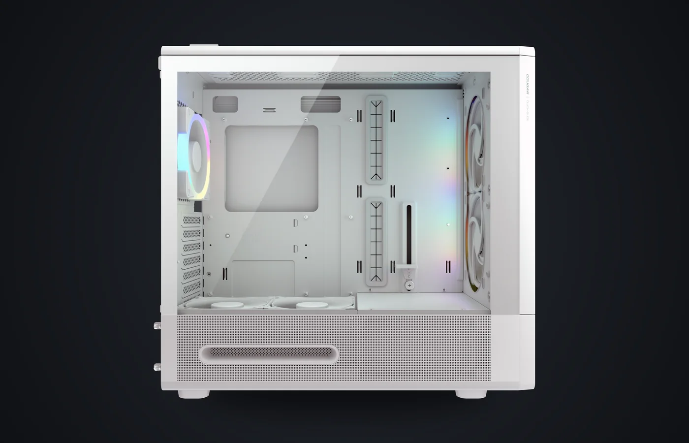 Interior de la caja COUGAR DUOAIR RGB blanca con los ventiladores ARGB encendidos