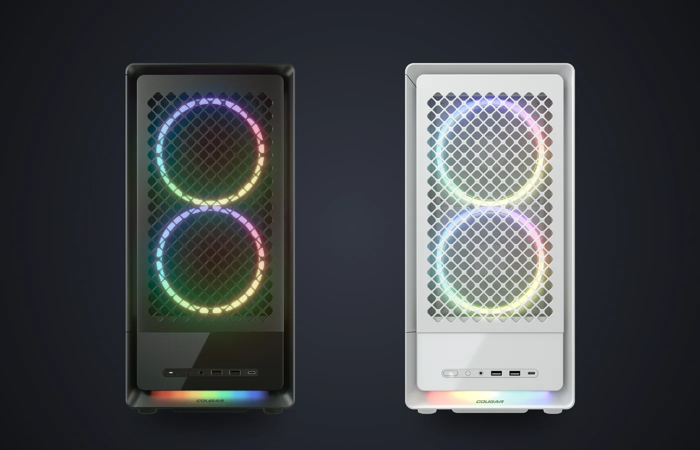 Cajas COUGAR DUOAIR RGB en negro y en blanco, de frente