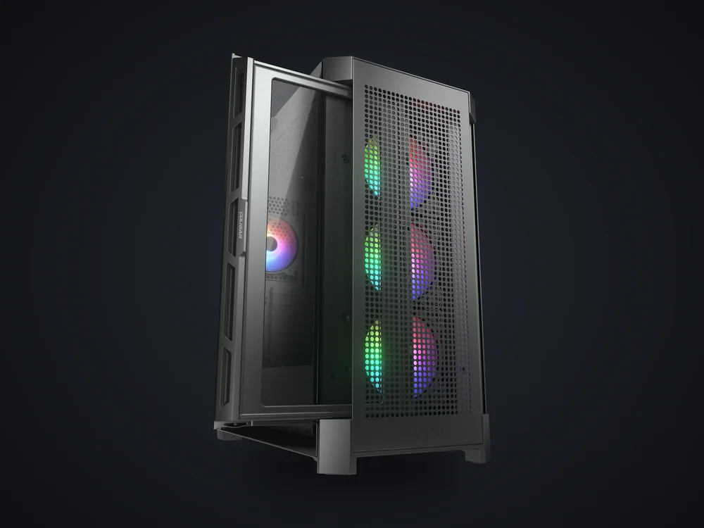 Caja COUGAR Duoface PRO RGB con el panel lateral de cristal abierto