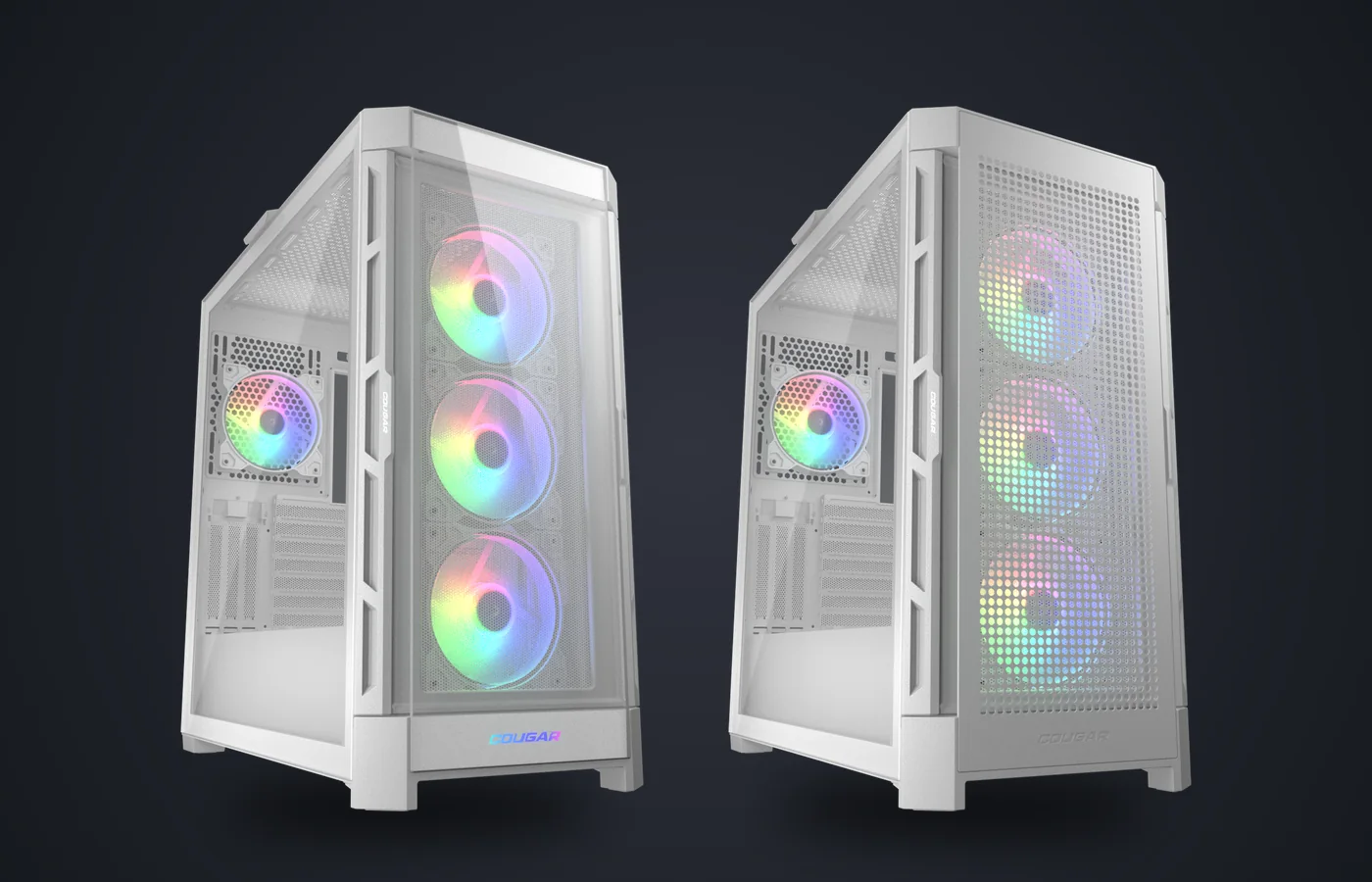 Caja COUGAR Duoface PRO RGB blanca con el frontal de cristal templado y con el frontal de malla