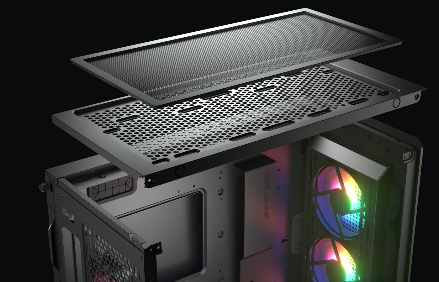 Despiece de la caja COUGAR Duoface PRO RGB con el filtro y el panel superior separados y los ventiladores ARGB del frontal