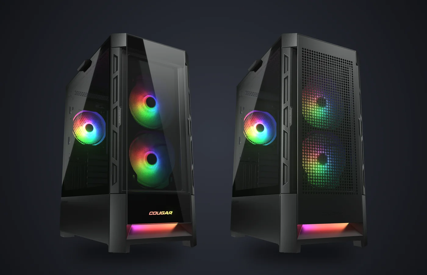 Caja COUGAR Duoface RGB con el frontal de cristal y con el frontal de malla