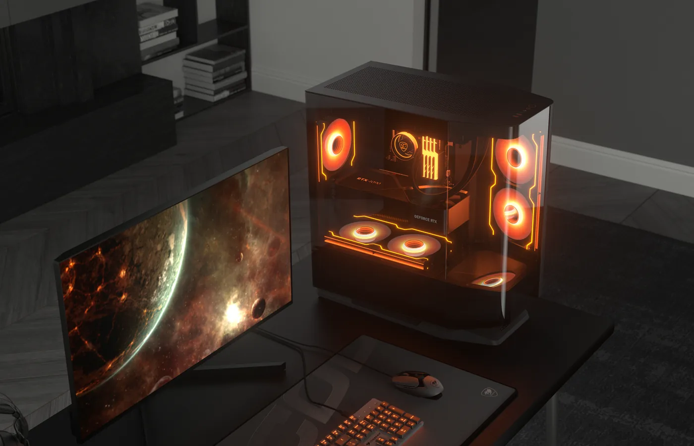 Caja PC COUGAR FV270 RGB sobre un escritorio, junto a un monitor y un teclado