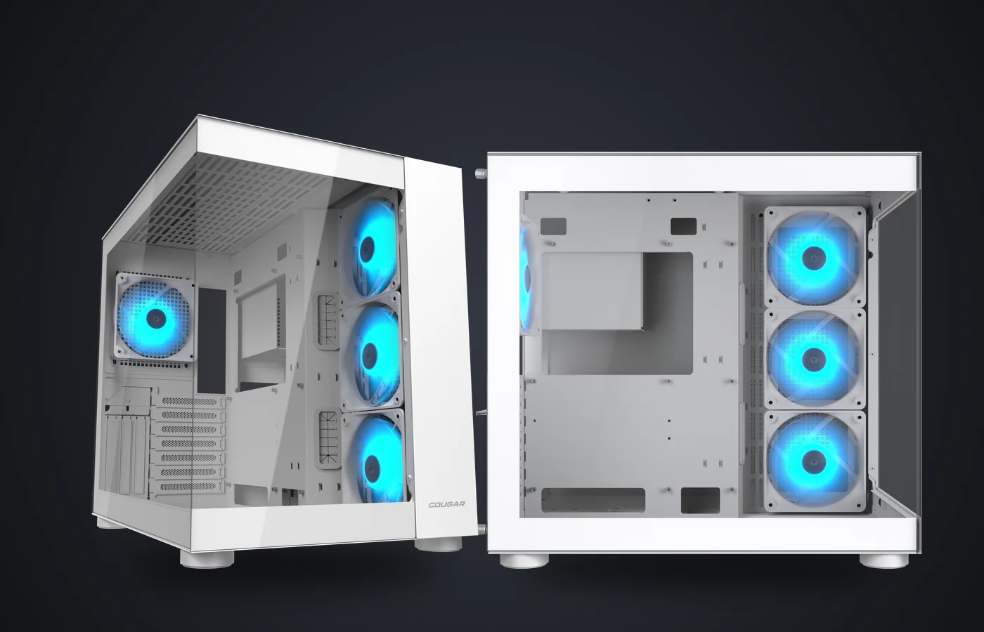 Caja PC COUGAR FV150 Mini RGB blanca en tres cuartos y de lado