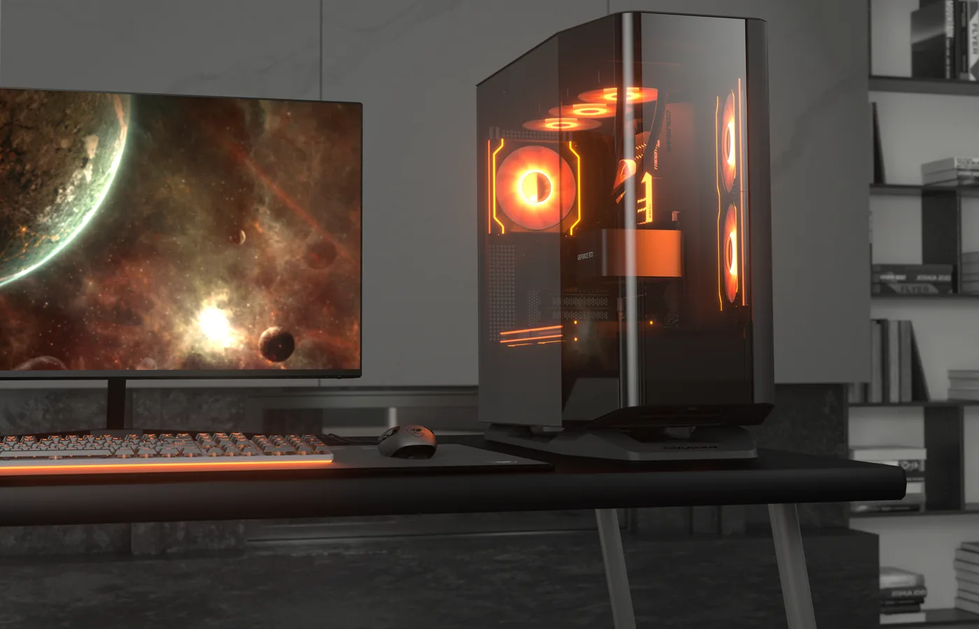 Caja PC COUGAR FV270 RGB montada sobre un escritorio
