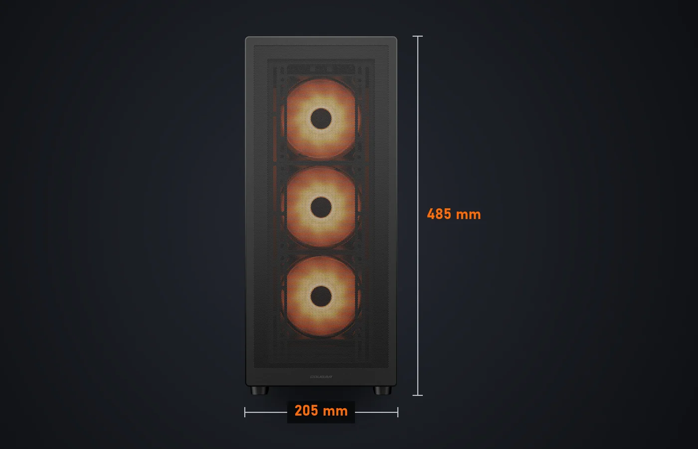 Caja COUGAR MX220 RGB de frente: 205 mm de ancho y 485 mm de alto