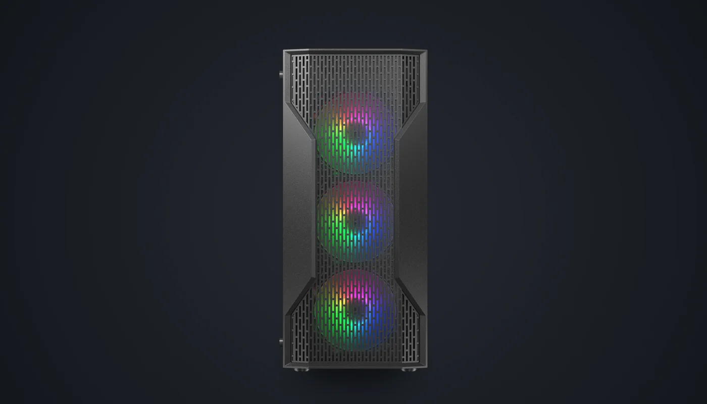 Caja COUGAR MX110 RGB de frente con sus tres ventiladores RGB encendidos