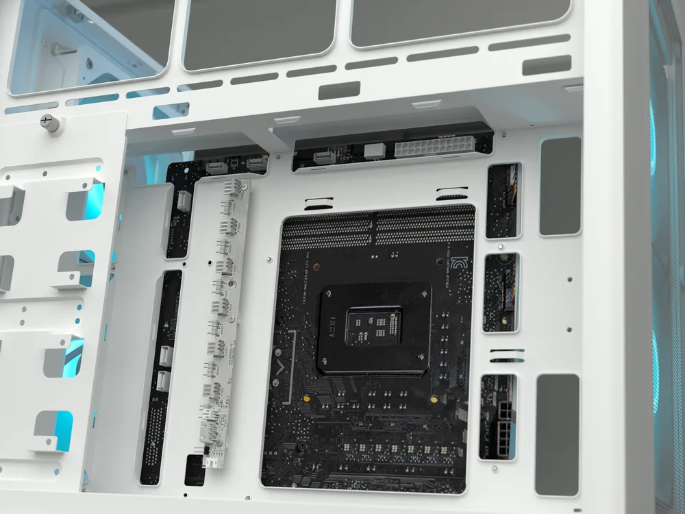 Interior de la caja OmnyX con una placa base de conector inverso