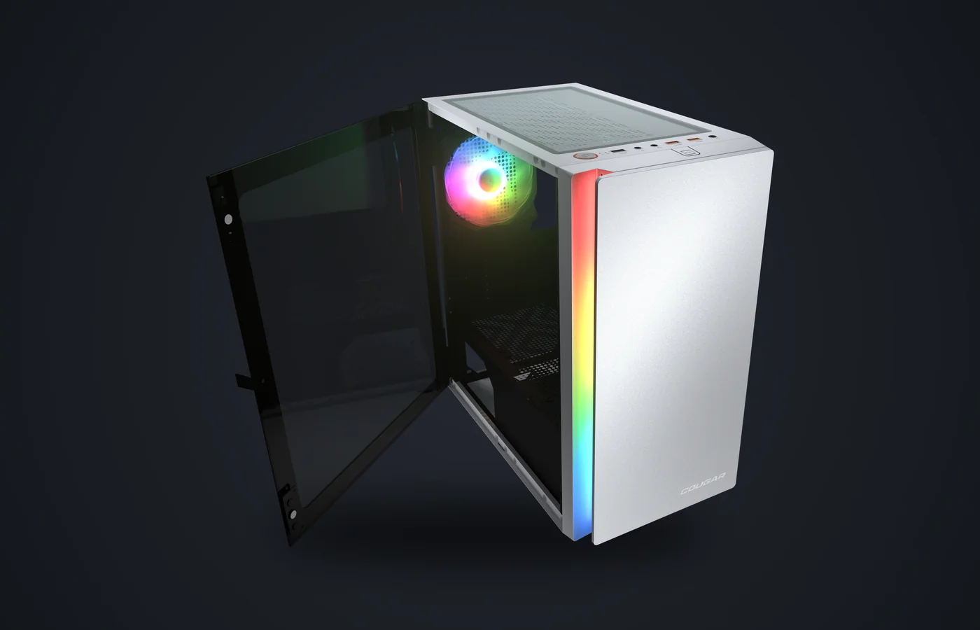 Caja PC COUGAR Purity RGB Blanco con el panel de cristal templado abierto