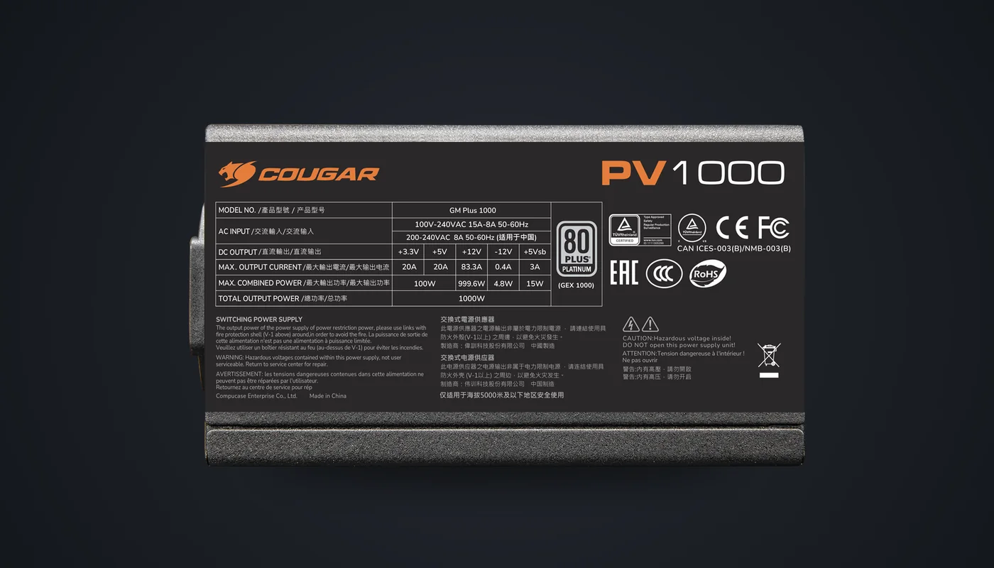 Etiqueta de la fuente COUGAR PV 1000 con las certificaciones 80 PLUS Platinum
