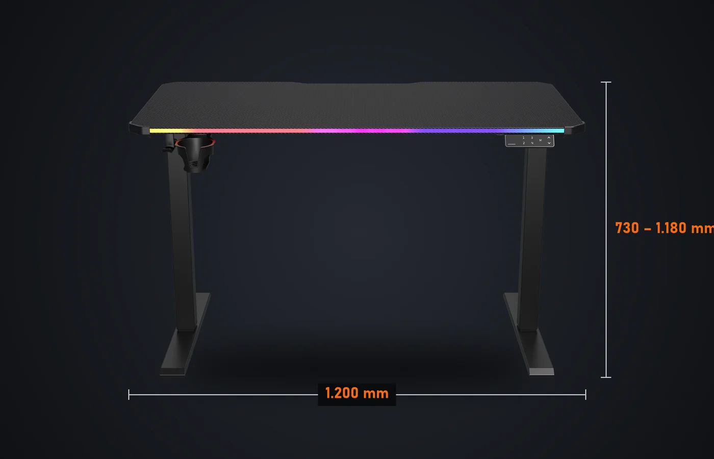 Mesa COUGAR E-Ares 120 de frente: tablero de 1.200 mm y altura de 730 a 1.180 mm