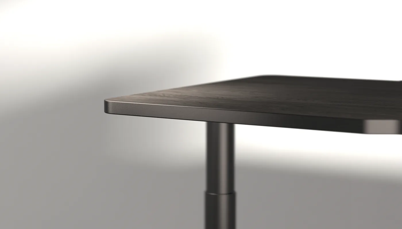 Canto del tablero de 2,5 cm de la mesa COUGAR E-ODYSSEY con textura de madera