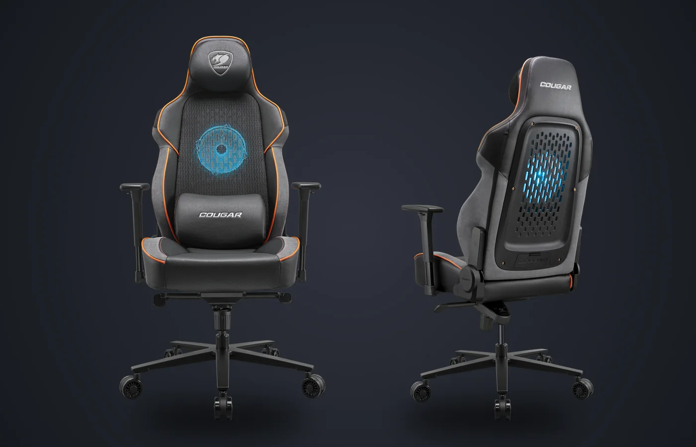 Silla COUGAR Nxsys AERO de frente y por detrás con el ventilador ARGB del respaldo encendido