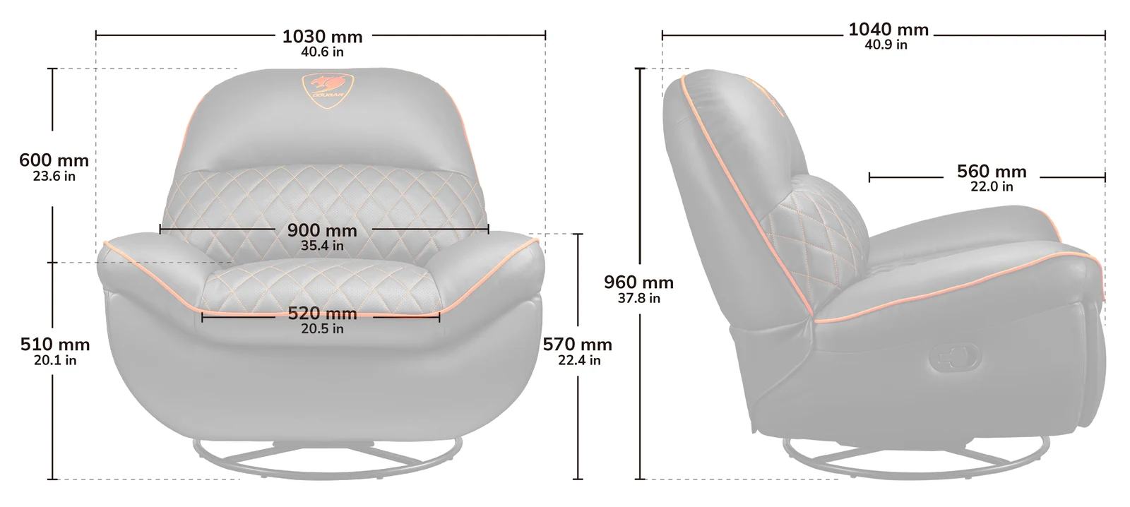 Medidas del sillón COUGAR Overlord: 1030 × 1040 × 960 mm