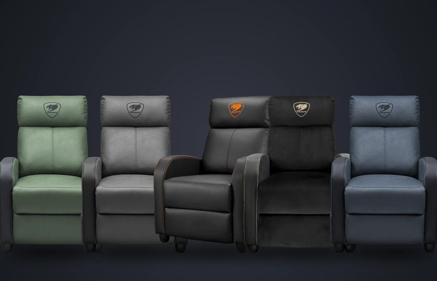 Los cinco acabados del sillón COUGAR Ranger Elite: verde militar, gris, negro, dorado y azul marino