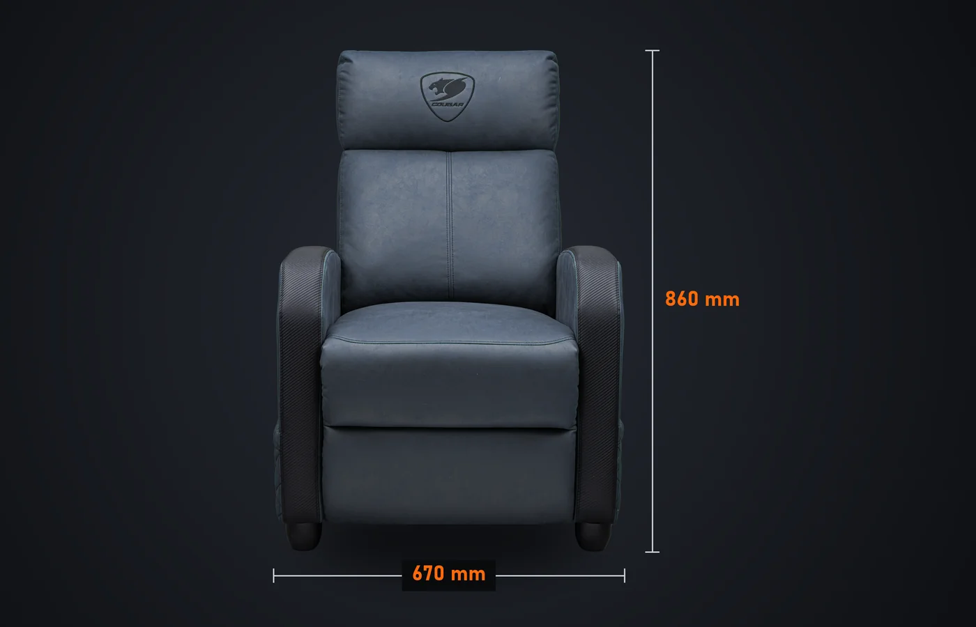 Sillón COUGAR Ranger Elite azul marino de frente: 670 mm de ancho y 860 mm de alto