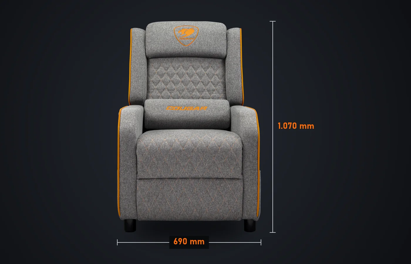 Sillón COUGAR Ranger ONE gris de frente: 690 mm de ancho y 1.070 mm de alto
