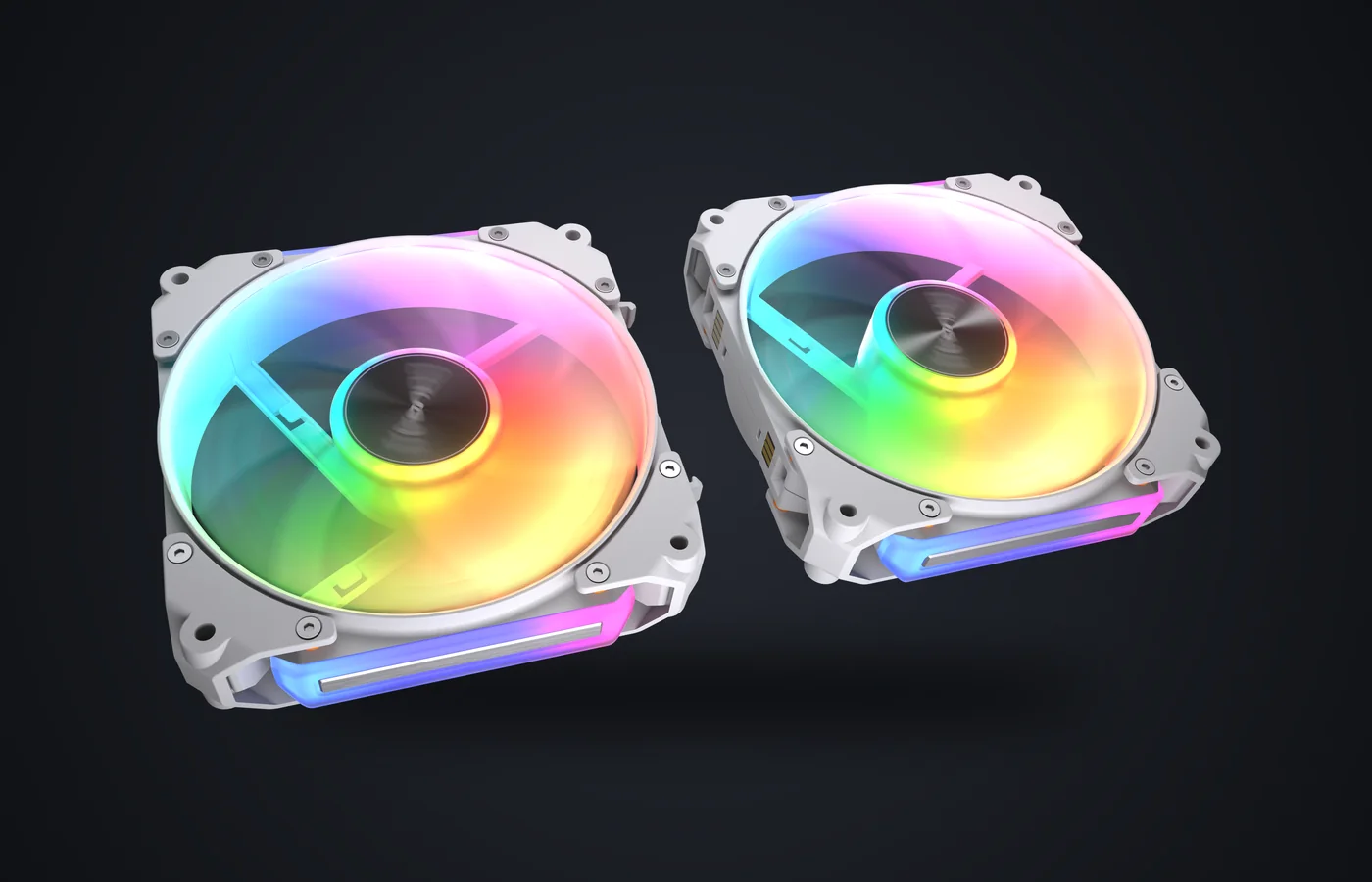 Dos ventiladores COUGAR Apolar 120 ARGB blancos unidos por el sistema de liberación rápida