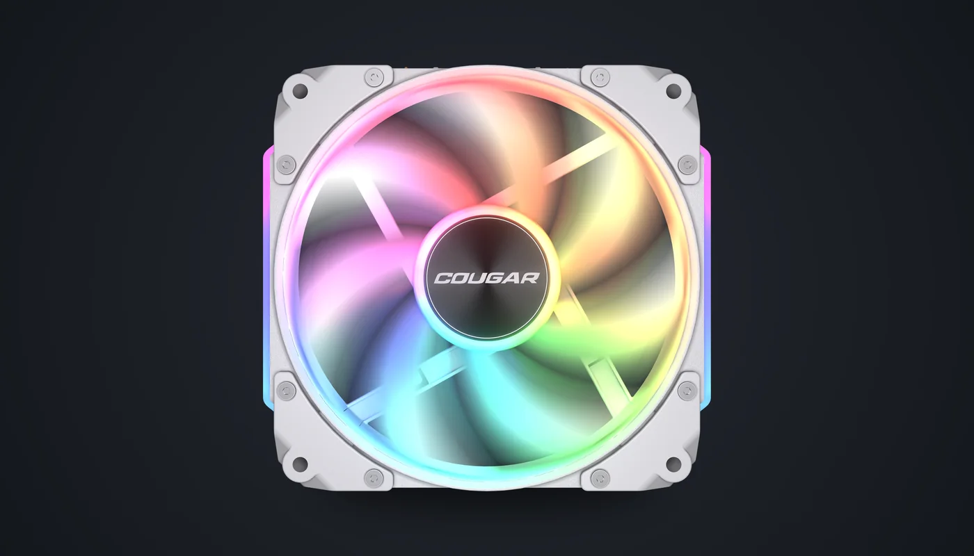 Ventilador COUGAR Apolar 120 ARGB blanco de frente, con la iluminación encendida